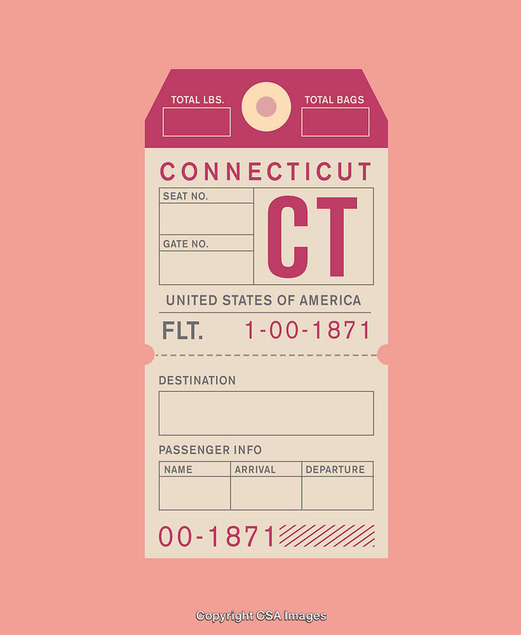 Vintage Connecticut Travel Tag on Soft Pink Background
