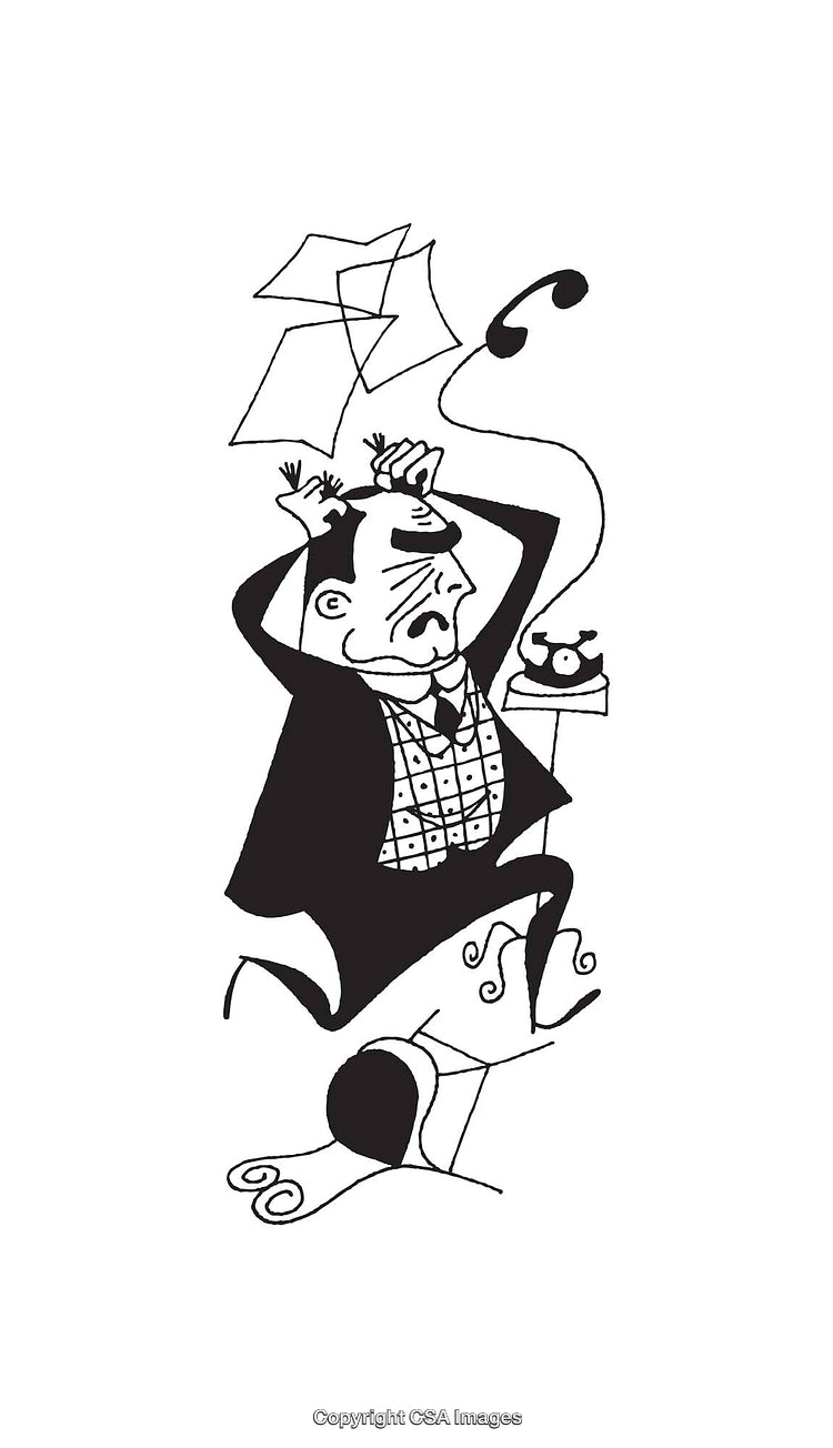 Humorous Illustration of a Distressed Businessman with a Tangled Phone Cord