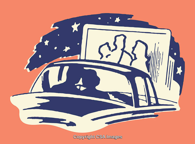 Retro Line Art Of Drive-In Movie Scene With Vintage Car