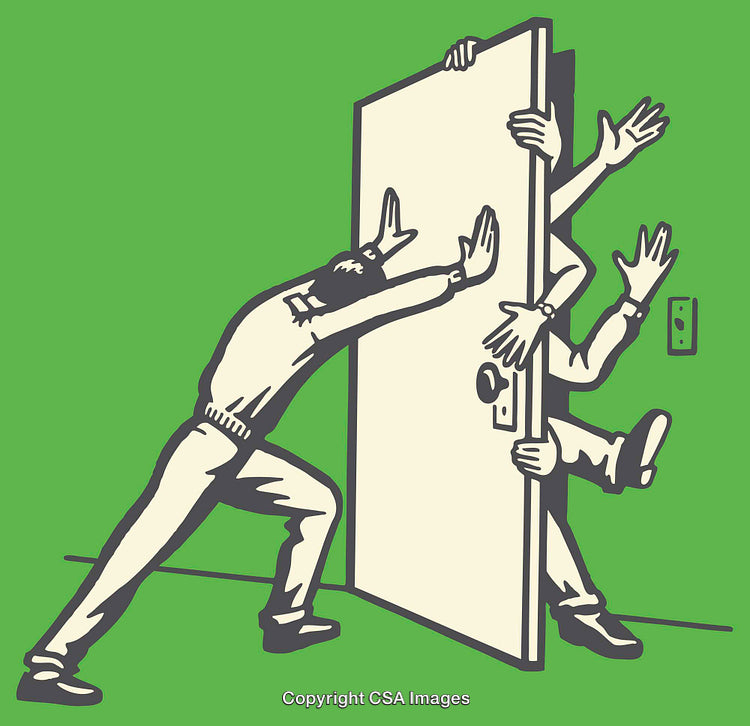 Humorous Illustration of People Struggling Behind a Closing Door