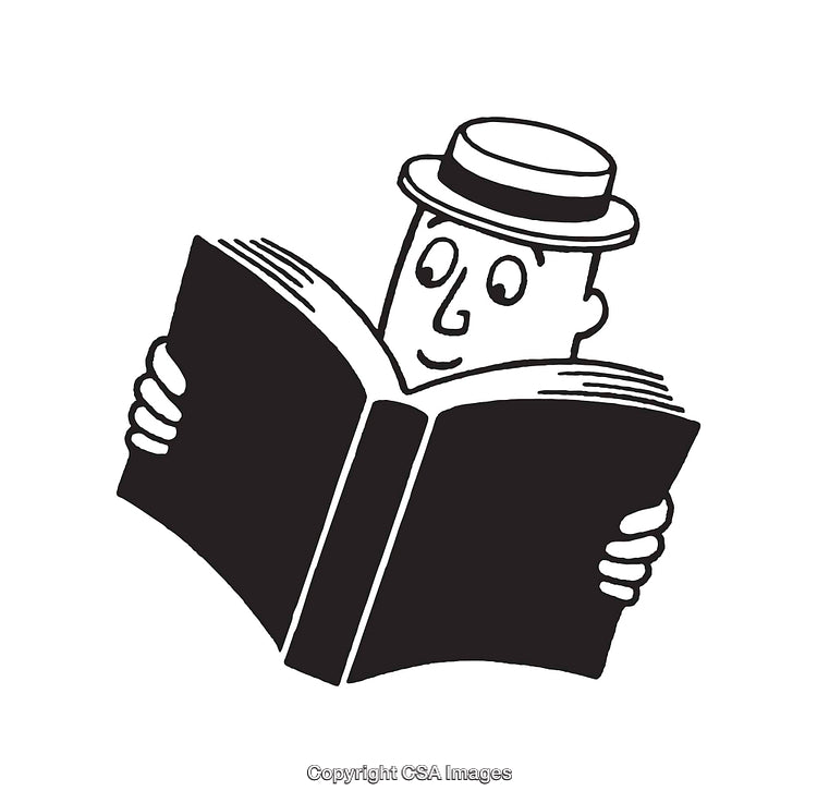 Vintage Line Art of Man Happily Reading Large Book