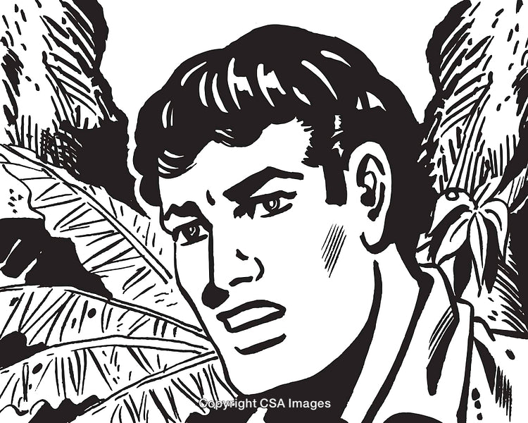 Retro Styled Black And White Comic Book Character in Jungle Setting