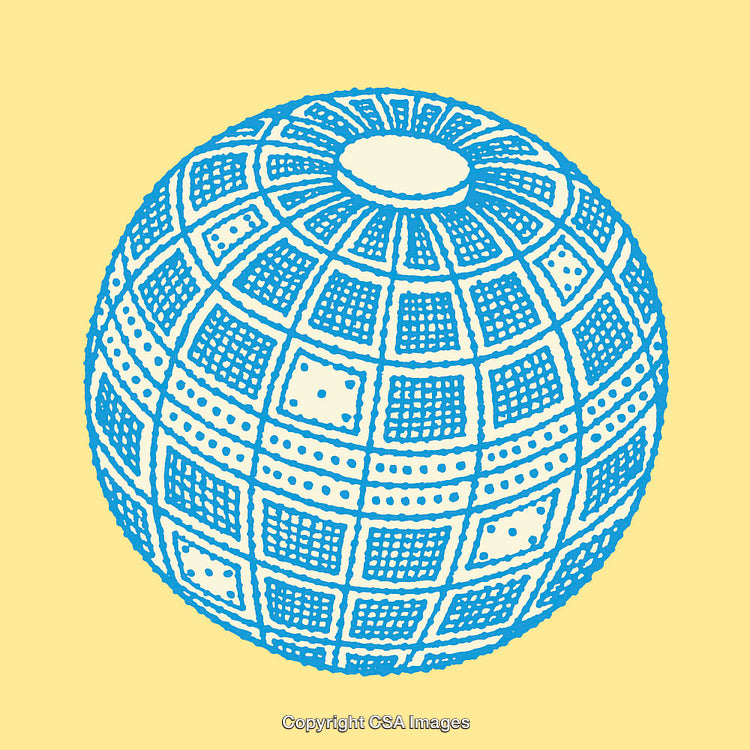 Abstract Blue Line Art Illustration of a Gridded Sphere on Yellow