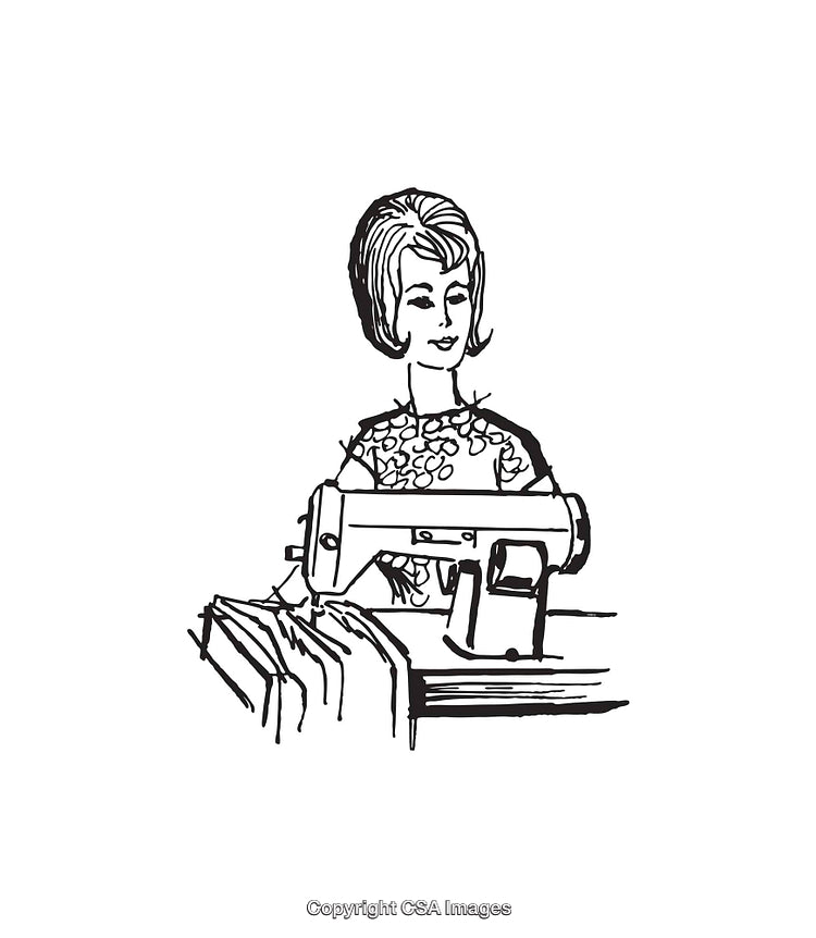 Black And White Illustration of Woman Sewing Using a Machine