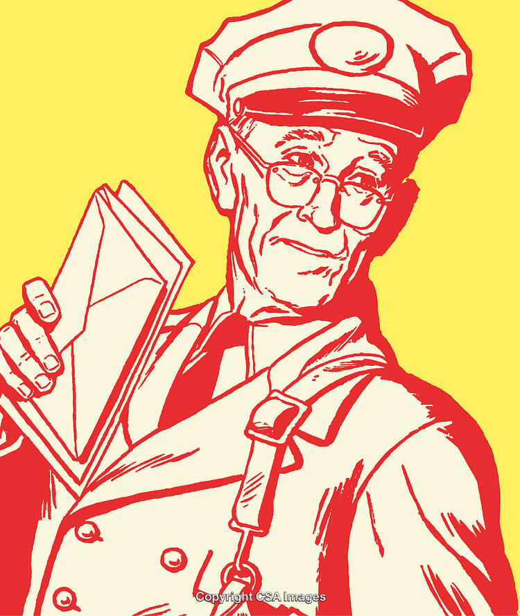 Retro Illustrated Letter Carrier Holding an Envelope on a Vibrant Background