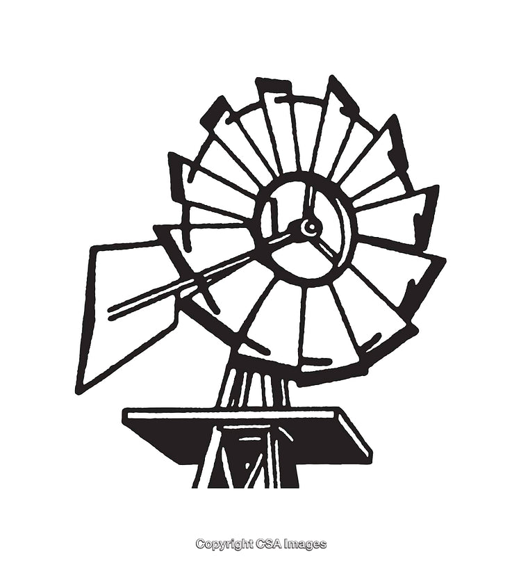 Black and White Line Art Illustration of a Windmill Silhouette