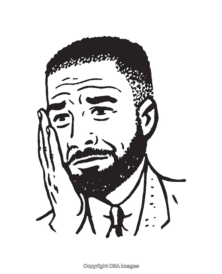 Black and White Illustration of a Thoughtful Bearded Man Touching His Face