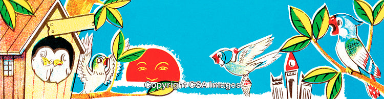 Whimsical Illustration of Birds, Sun, and Trees in a Lively Nature Scene