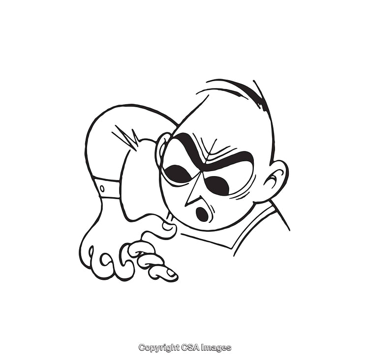 Black and White Line Art of a Cartoon Character With a Grim Expression