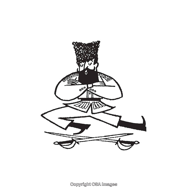 Traditional Dancer Leaping with Swords in Black and White Line Art