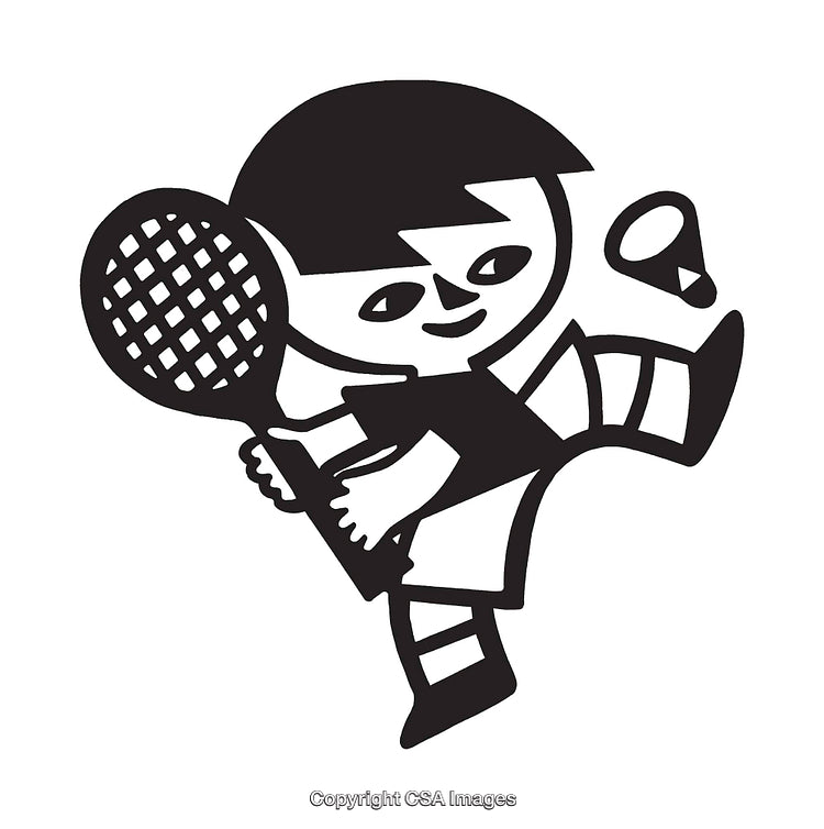 Illustration of Character Playing Badminton in Black and White Line Art Style