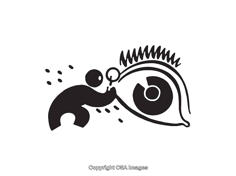 Black and White Illustration Depicting an Eye and Human with Magnifying Glass