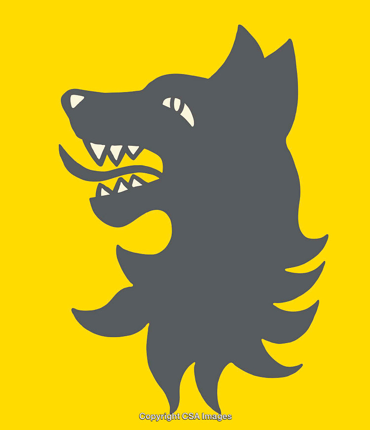 Stylized Grey Wolf Silhouette on Yellow Background with Fierce Expression