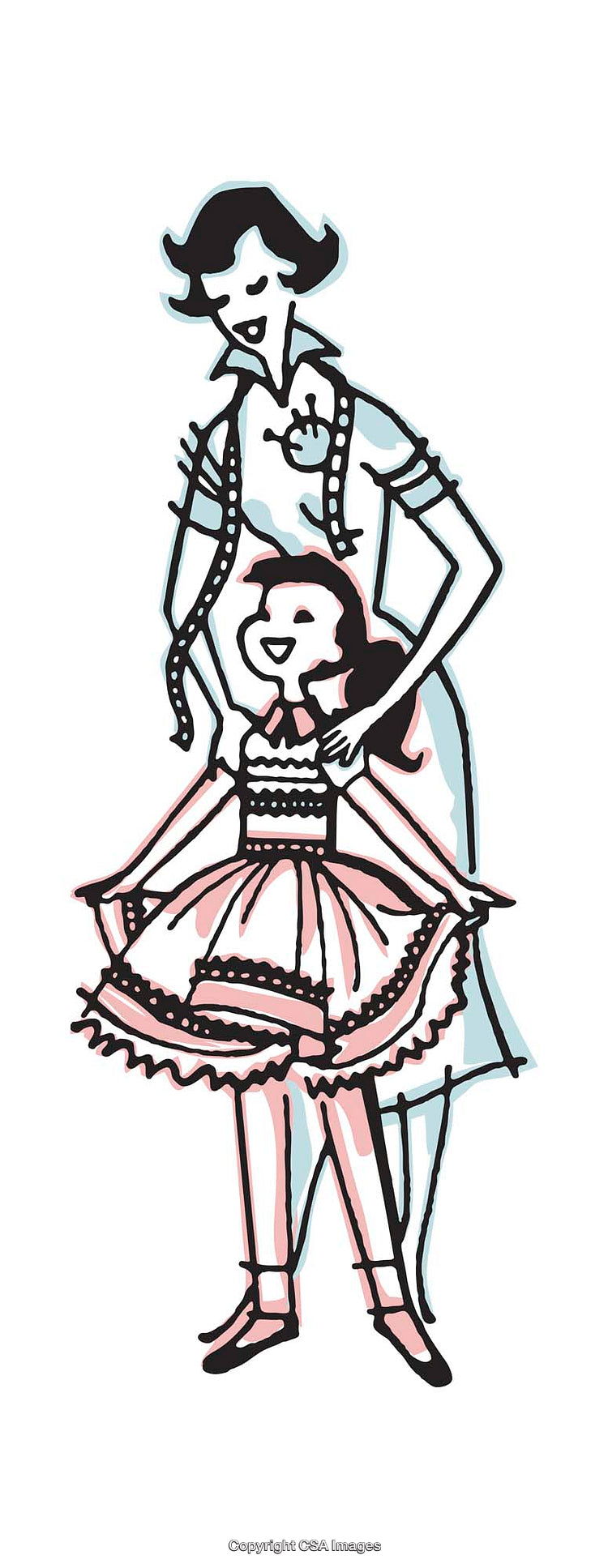 Mother Helping Daughter Dress in Artistic Retro Style Illustration