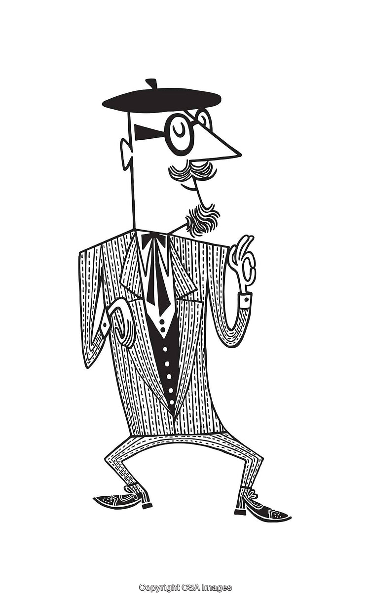 Sophisticated Cartoon Character in Black and White Line Art Illustration