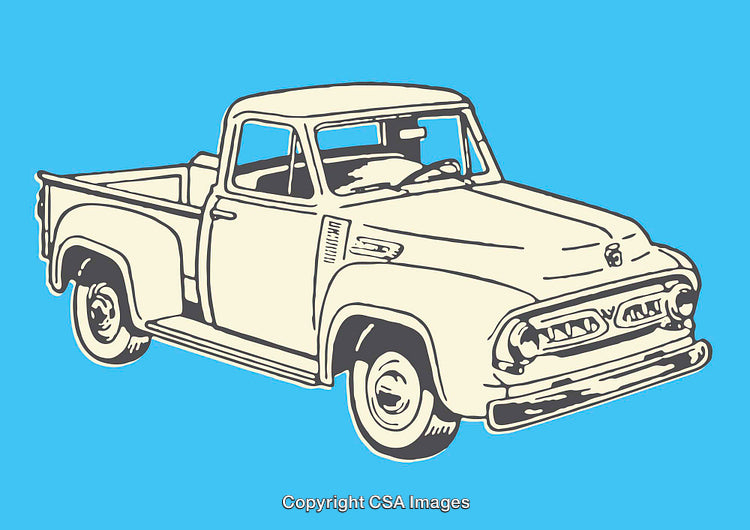 Classic Pick-Up Truck Line Art Illustration on Blue Background