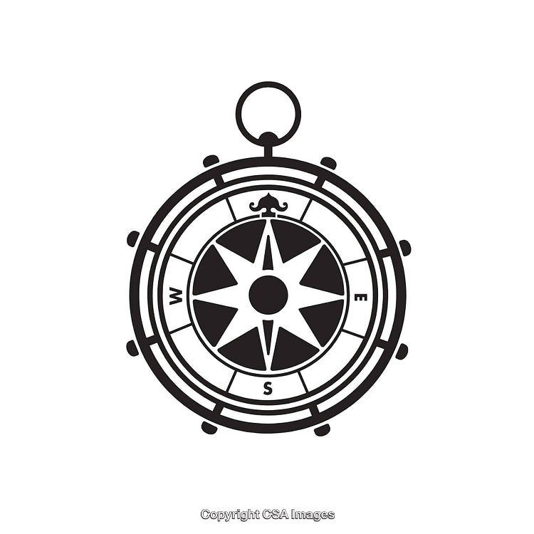 Black and White Compass Illustration Featuring Classic Nautical Design Elements