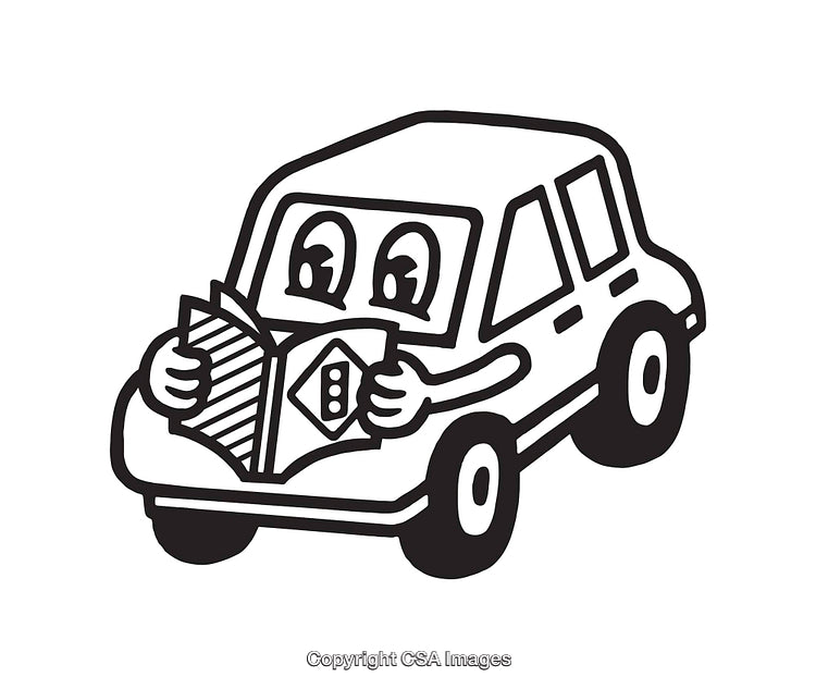 Funny Cartoon Car Reading a Book in Black and White Line Art