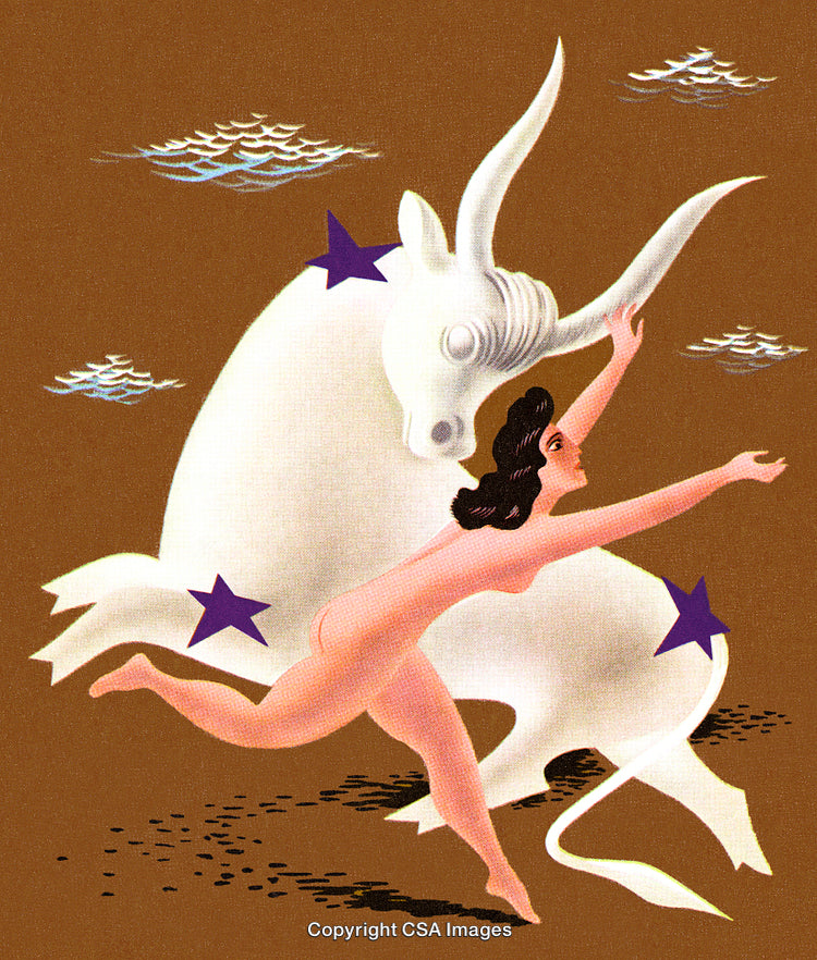 Surreal Depiction of a Woman and a Bull in Mythological Theme