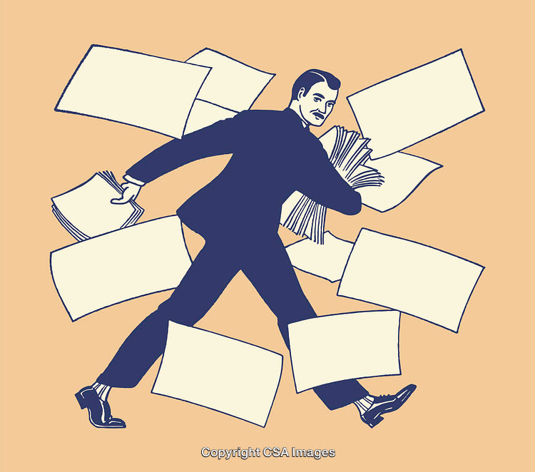 Businessman Carrying Papers Amid Flying Documents in a Line Art Illustration