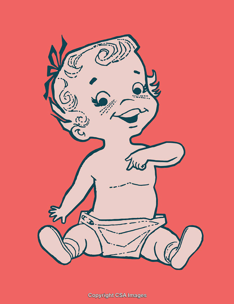 Cheerful Retro Illustration of a Baby in Diaper on Coral Background
