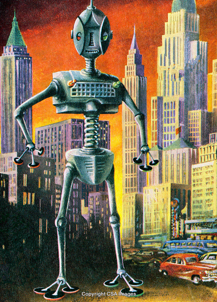 Retro Robot Amidst Cityscape Captures Vintage Futuristic Illustration Charm