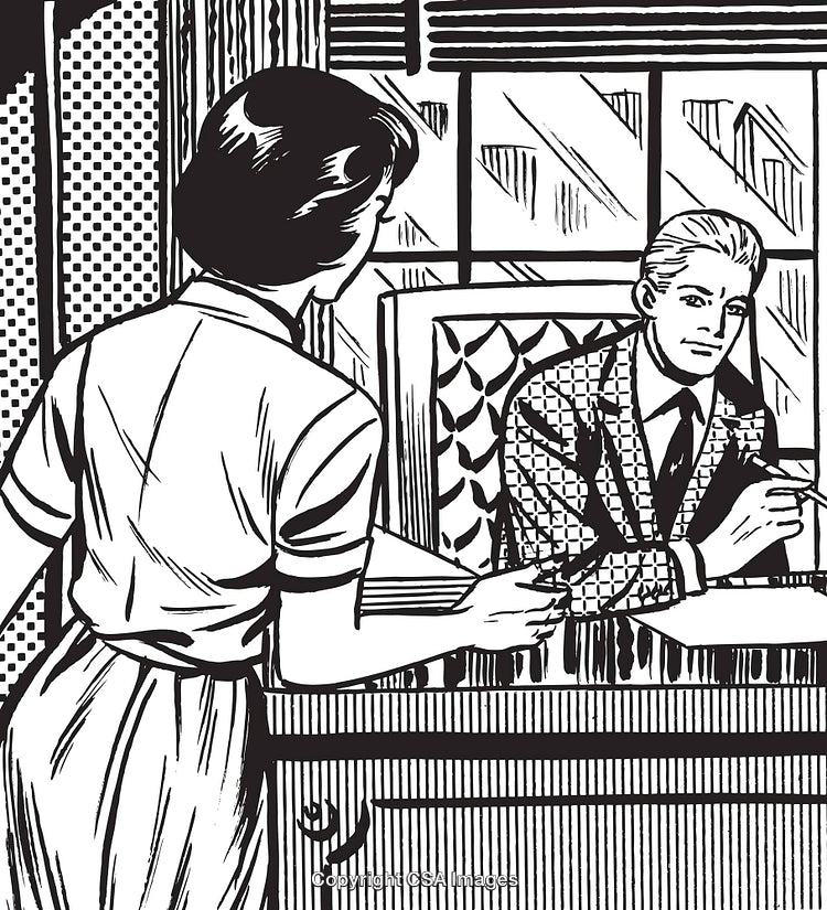 Retro Comic Style Office Scene With Two Characters Interacting at a Desk