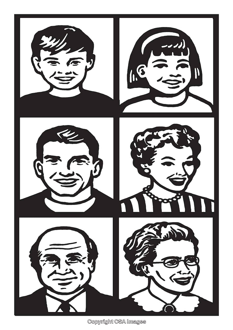 Black and White Line Art Illustrations of a Family Portrait Grid