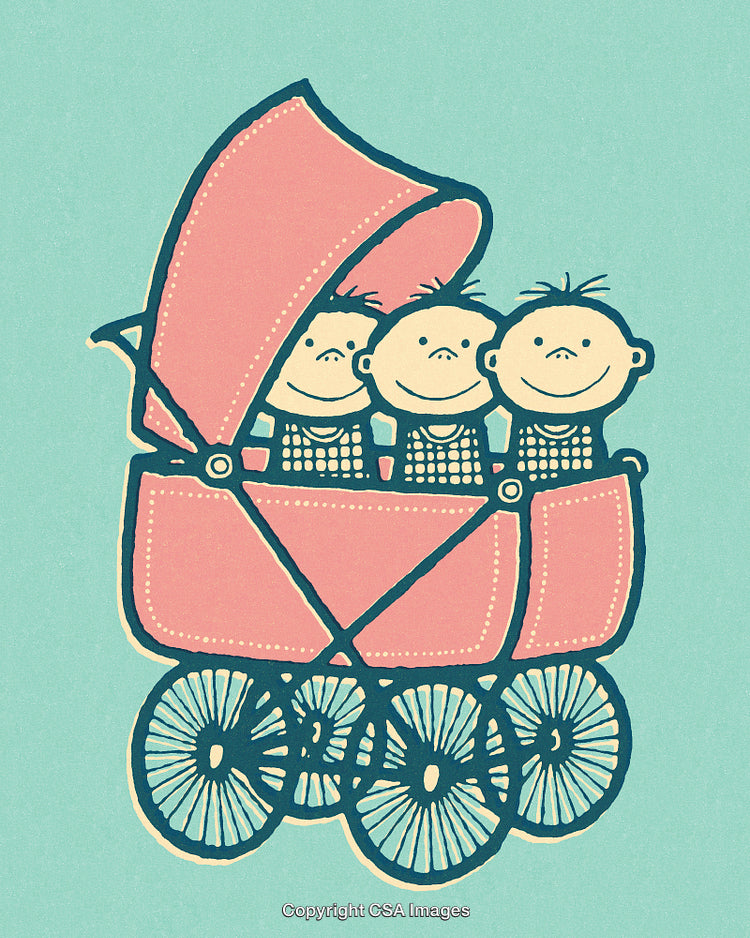 Illustration of Triplets in a Pink Pram with Blue Background