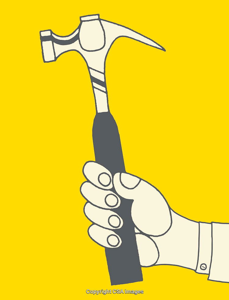Illustration of a Hand Holding a Hammer on a Yellow Background