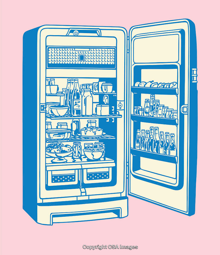 Minimalist Line Art Illustration of an Open Fridge With Food and Drinks