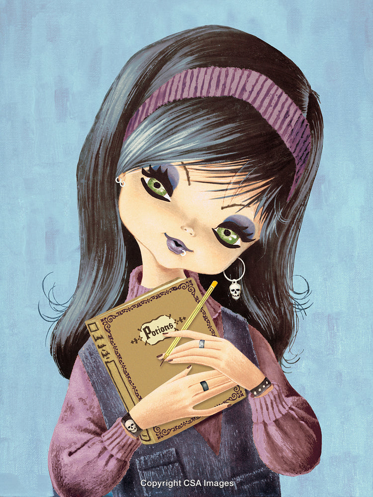 Eccentric Girl Holding Potion Book with Gothic Accents and Mysterious Charm