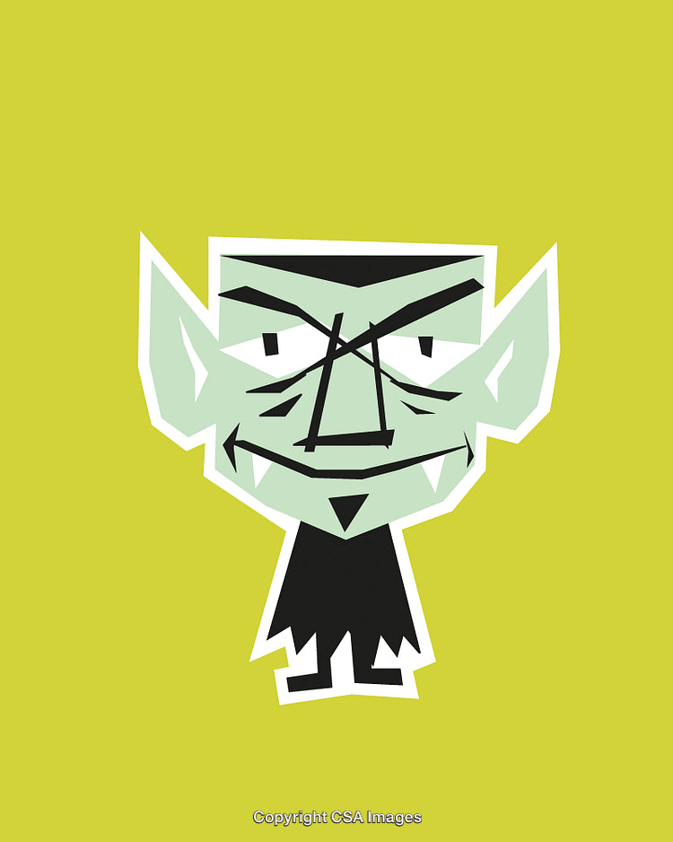 Illustrated Vampire Character on Green Background with Playful Expression