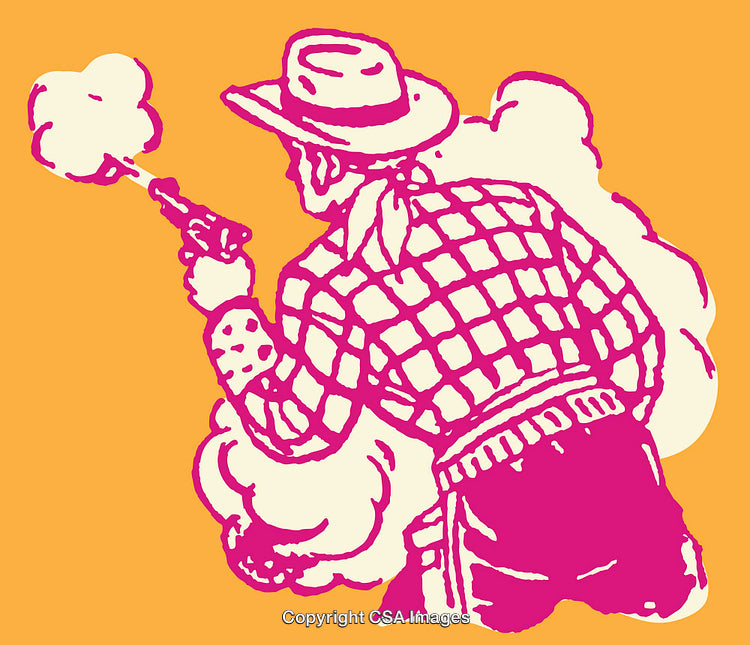 Vintage Color Illustration of a Western Cowboy Shooting a Gun