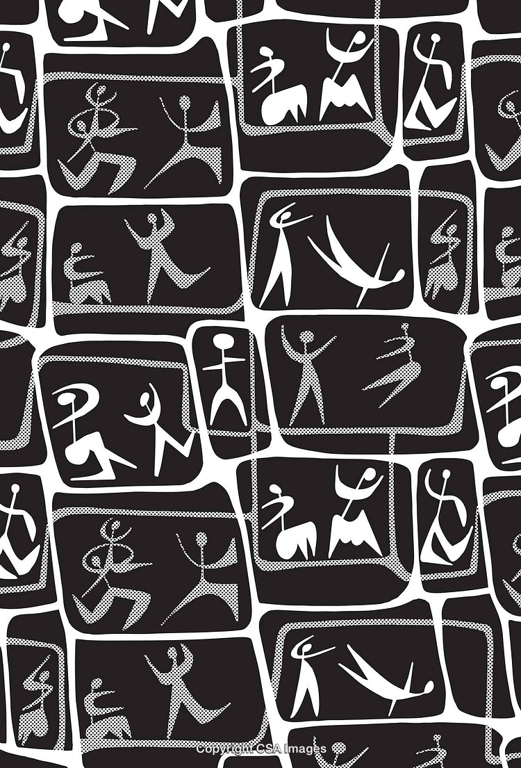 Black and White Abstract Patterns Featuring Stylized Symbols and Figures