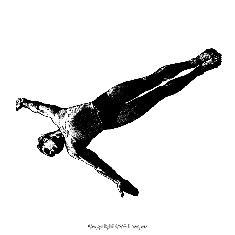 Black and White Engraving of a Diving Athlete Mid-Air
