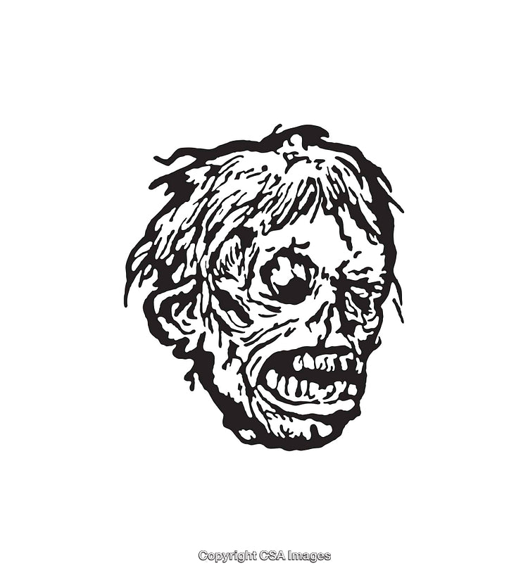 Detailed Black and White Illustration of a Zombie Head