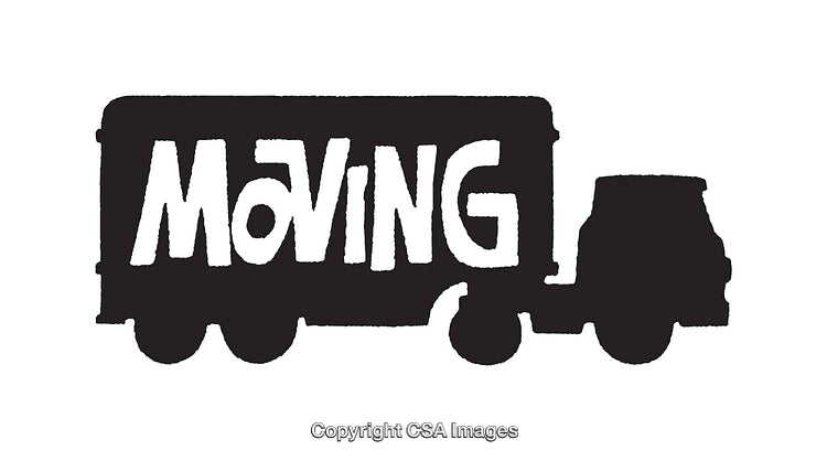 Black and White Illustration of a Moving Truck with Bold Typography