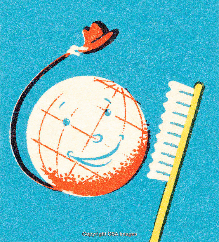 Illustration of Smiling Globe with Hat and Toothbrush on Blue Background