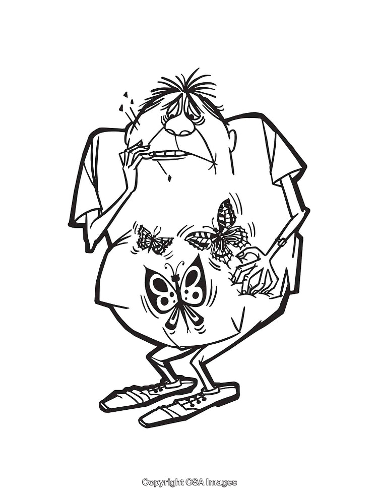 Nervous Character with Butterflies in Stomach Black and White Illustration