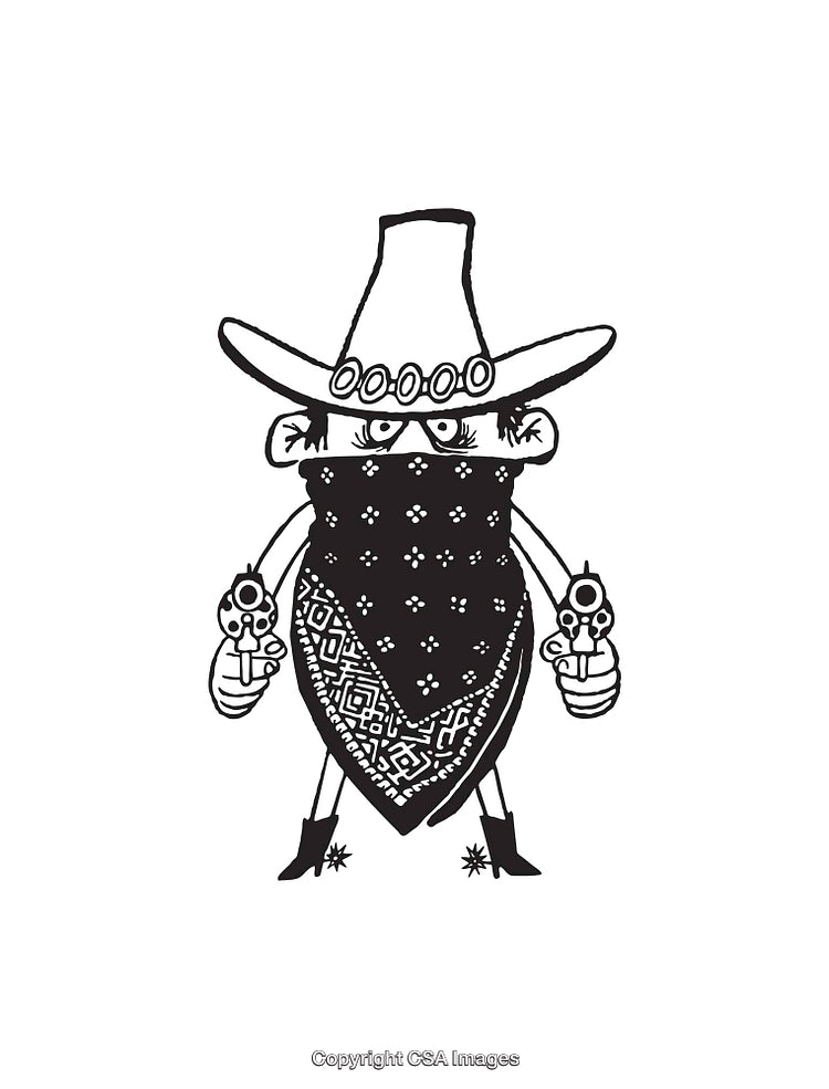 Black and White Line Art of Cartoon Cowboy with Guns