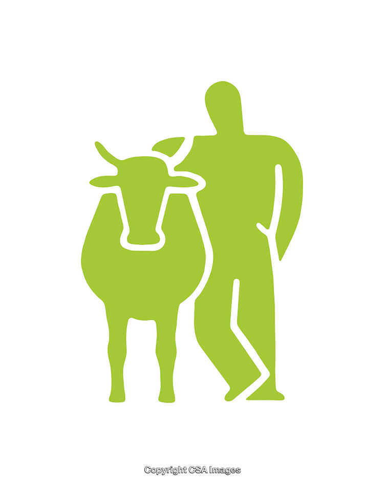Green Silhouette Illustration of a Human and Cow Icon for Agriculture