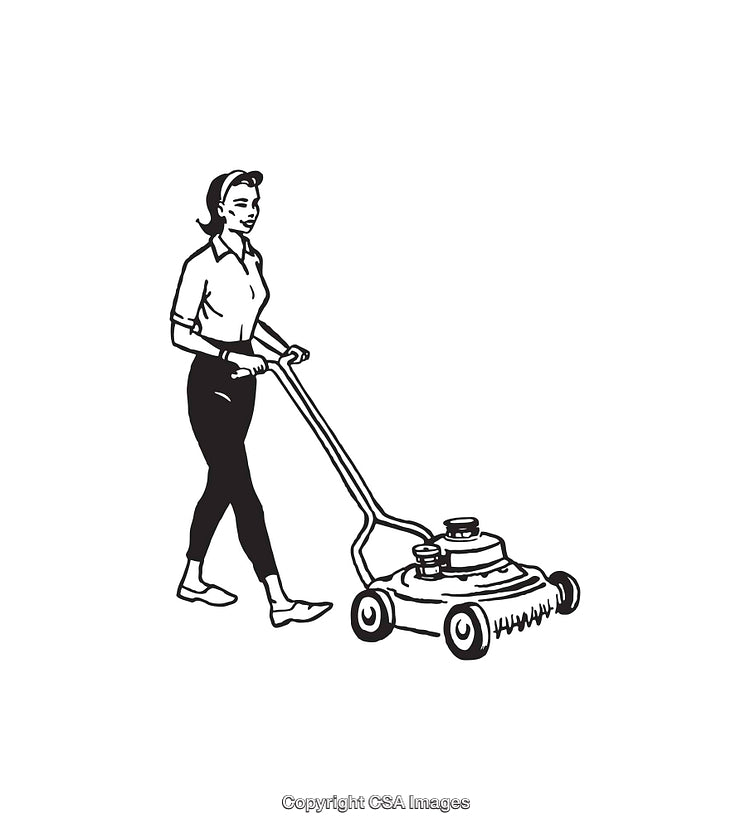 Retro Style Illustration of Woman Using a Lawn Mower in Line Art