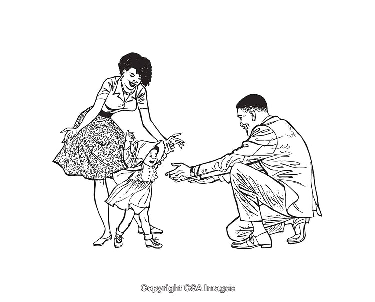 Family Bonding Moment in Black and White Line Art Illustration
