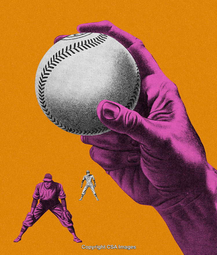 Vibrant Retro Collage Featuring Baseball Hand and Action Scene on Orange Backdrop