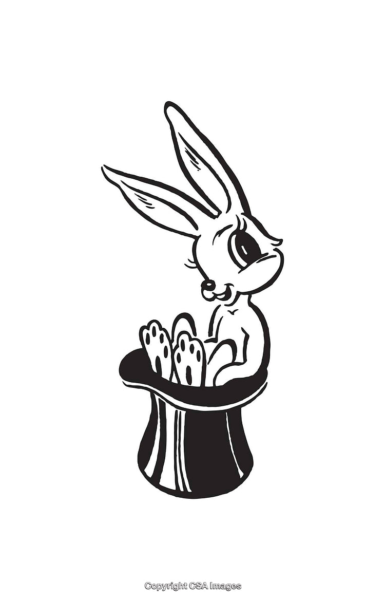 Black and White Line Art of a Rabbit Inside a Magician's Hat