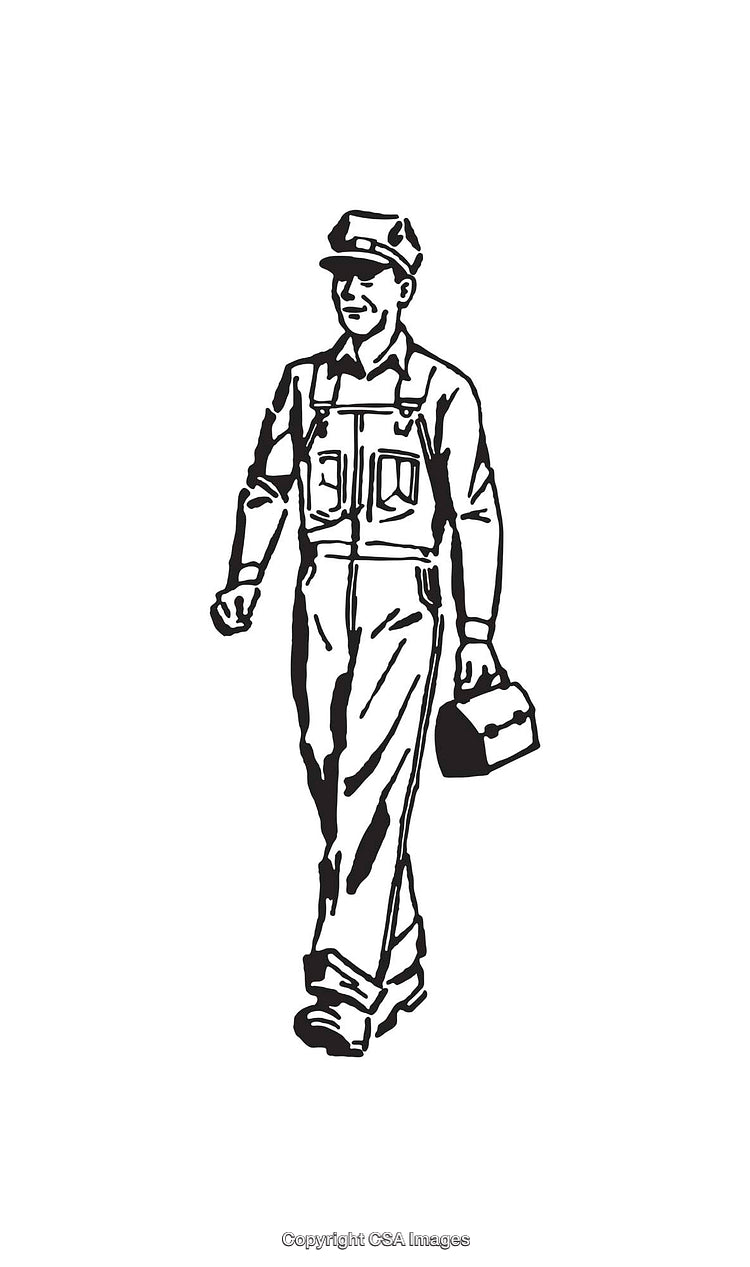 Black and White Illustration of a Worker Walking with a Lunchbox