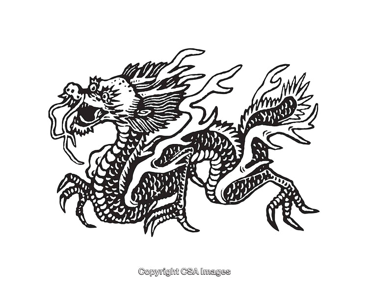 Intricate Black and White Line Art Illustration of a Mythical Dragon