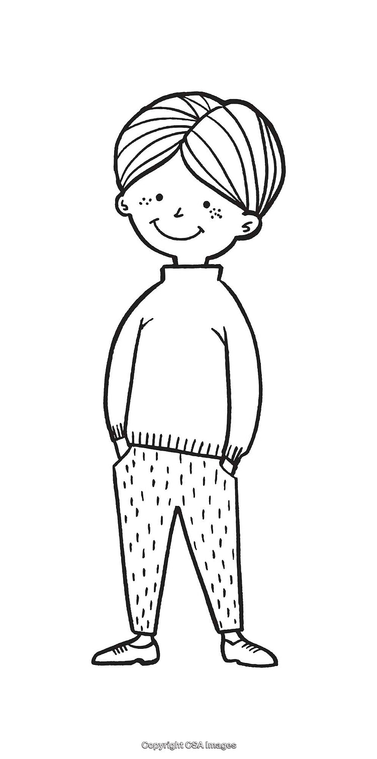 Smiling Child Line Art Illustration in Black and White Cartoon Style