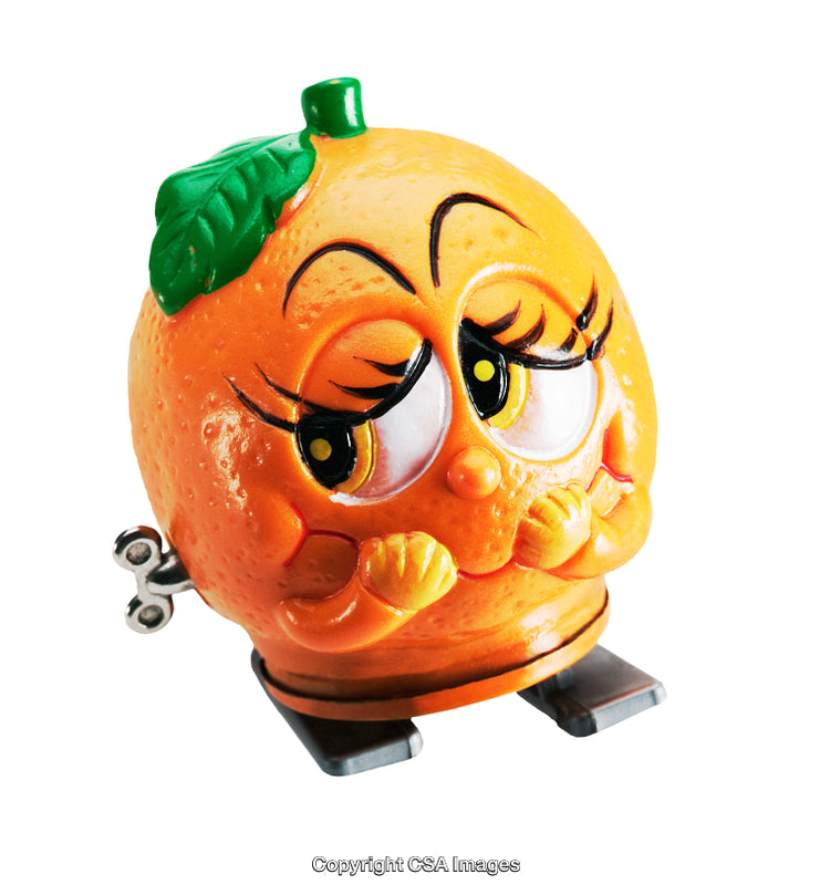 Colorful Plastic Wind-Up Orange Toy with Expressive Face and Leaf Details